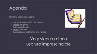 Agenda
Contiene información sobre:
• Normas y organización del centro
• Horario del grupo
• Calendario Escolar
• Fecha controles
• Comunicados del Centro a la Familia
Va y viene a diario
Lectura imprescindible
 