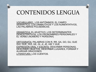CONTENIDOS LENGUA
VOCABULARIO: LOS ANTÓNIMOS, EL CAMPO
SEMÁNTICO, LOS DIMINUTIVOS Y LOS AUMENTATIVOS,
LAS PALABRAS POLISÉMICAS.
GRAMÁTICA: EL ADJETIVO, LOS DETERMINANTES
DEMOSTRATIVOS, LOS PRONOMBRES PERSONALES Y
EL VERBO (NÚMERO Y PERSONA)
ORTOGRAFÍA: PALABRAS CON R, RR, GA, GO, GU, GUE
GUI, GÜE, GÜI, GE, GI, JI, JE, HIE Y HUE.
EXPRESIÓN ORAL Y ESCRITA: DESCRIBIR PERSONAS,
DESCRIBIR OBJETOS, DESCRIBIR LUGARES, FORMAR Y
ALARGAR ORACIONES.
LITERATURA: LOS CUENTOS.
 
