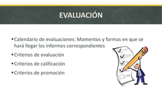 EVALUACIÓN
Calendario de evaluaciones: Momentos y formas en que se
hará llegar los informes correspondientes
Criterios de evaluación
Criterios de calificación
Criterios de promoción