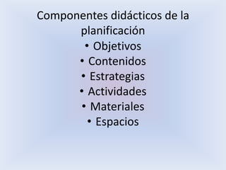 Componentes didácticos de la
planificación
• Objetivos
• Contenidos
• Estrategias
• Actividades
• Materiales
• Espacios
 
