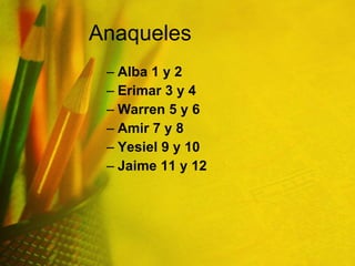 Anaqueles Alba 1 y 2 Erimar 3 y 4 Warren 5 y 6 Amir 7 y 8 Yesiel 9 y 10 Jaime 11 y 12 