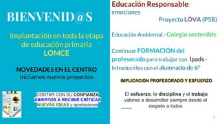 BIENVENID@S
Educación Responsable:
emociones
Proyecto LÓVA (P5B)
Educación Ambiental.- Colegio sostenible
Continuar FORMACIÓN del
profesorado para trabajar con Ipads.-
Introducirlos con el alumnado de 6º
2
Implantación en toda la etapa
de educación primaria
LOMCE
NOVEDADES EN EL CENTRO
Iniciamos nuevos proyectos
CONTAR CON SU CONFIANZA
ABIERTOS A RECIBIR CRÍTICAS
NUEVAS IDEAS y aportaciones
IMPLICACIÓN PROFESORADO Y ESFUERZO
El esfuerzo, la disciplina y el trabajo
valores a desarrollar siempre desde el
respeto a todos
 