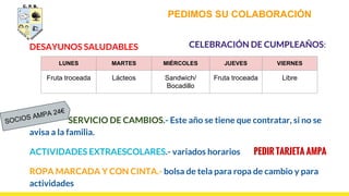 DESAYUNOS SALUDABLES
SERVICIO DE CAMBIOS.- Este año se tiene que contratar, si no se
avisa a la familia.
ACTIVIDADES EXTRAESCOLARES.- variados horarios PEDIR TARJETA AMPA
ROPA MARCADA Y CON CINTA.- bolsa de tela para ropa de cambio y para
actividades
LUNES MARTES MIÉRCOLES JUEVES VIERNES
Fruta troceada Lácteos Sandwich/
Bocadillo
Fruta troceada Libre
5
PEDIMOS SU COLABORACIÓN
CELEBRACIÓN DE CUMPLEAÑOS:
SOCIOS AMPA 24€
 
