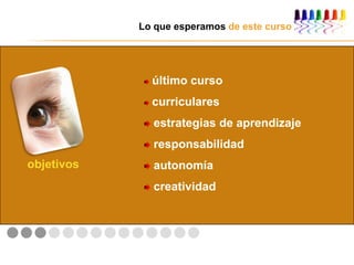 Lo que esperamos de este curso
objetivos
último curso
curriculares
estrategias de aprendizaje
responsabilidad
autonomía
creatividad
 