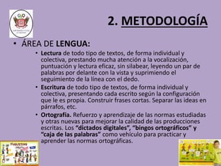 2. METODOLOGÍA 
• ÁREA DE LENGUA: 
• Lectura de todo tipo de textos, de forma individual y 
colectiva, prestando mucha atención a la vocalización, 
puntuación y lectura eficaz, sin silabear, leyendo un par de 
palabras por delante con la vista y suprimiendo el 
seguimiento de la línea con el dedo. 
• Escritura de todo tipo de textos, de forma individual y 
colectiva, presentando cada escrito según la configuración 
que le es propia. Construir frases cortas. Separar las ideas en 
párrafos, etc. 
• Ortografía. Refuerzo y aprendizaje de las normas estudiadas 
y otras nuevas para mejorar la calidad de las producciones 
escritas. Los “dictados digitales”, “bingos ortográficos” y 
“caja de las palabras” como vehículo para practicar y 
aprender las normas ortográficas. 
 