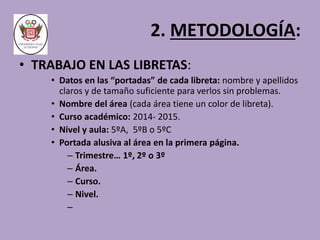 2. METODOLOGÍA: 
• TRABAJO EN LAS LIBRETAS: 
• Datos en las “portadas” de cada libreta: nombre y apellidos 
claros y de tamaño suficiente para verlos sin problemas. 
• Nombre del área (cada área tiene un color de libreta). 
• Curso académico: 2014- 2015. 
• Nivel y aula: 5ºA, 5ºB o 5ºC 
• Portada alusiva al área en la primera página. 
– Trimestre… 1º, 2º o 3º 
– Área. 
– Curso. 
– Nivel. 
– 
 
