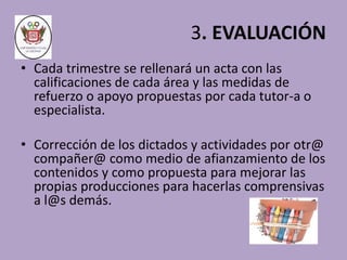3. EVALUACIÓN 
• Cada trimestre se rellenará un acta con las 
calificaciones de cada área y las medidas de 
refuerzo o apoyo propuestas por cada tutor-a o 
especialista. 
• Corrección de los dictados y actividades por otr@ 
compañer@ como medio de afianzamiento de los 
contenidos y como propuesta para mejorar las 
propias producciones para hacerlas comprensivas 
a l@s demás. 
 