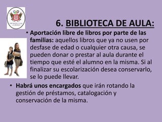 6. BIBLIOTECA DE AULA: 
• Aportación libre de libros por parte de las 
familias: aquellos libros que ya no usen por 
desfase de edad o cualquier otra causa, se 
pueden donar o prestar al aula durante el 
tiempo que esté el alumno en la misma. Si al 
finalizar su escolarización desea conservarlo, 
se lo puede llevar. 
• Habrá unos encargados que irán rotando la 
gestión de préstamos, catalogación y 
conservación de la misma. 
 