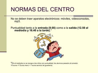 NORMAS DEL CENTRO
No se deben traer aparatos electrónicos: móviles, videoconsolas,
  mp3.

Puntualidad tanto a la entrada (9.00) como a la salida (12.50 al
  mediodía y 16.40 a la tarde).*




*(Si al mediodía no se recoge a los niños con puntualidad, los alumnos pasarán al comedor.
14 euros =7 Euros menú + 7 euros servicio de guardería)
 