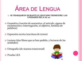 ÁREA DE LENGUA
 SE TRABAJARÁN DURANTE EL SEGUNDO TRIMESTRE: LAS
UNIDADES DEL 6 AL 10:
 Gramática (noción de sustantivo, el artículo, signos de
exclamación e interrogación, el adjetivo, familias de
palabras)
 Expresión escrita (escritura de textos)
 Lectura (dos libros que se han pedido, y lecturas de las
unidades)
 Ortografía (de manera transversal)
 Prueba LEA
 