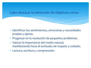 Cabe destacar la obtención de objetivos como:



 Identificar los sentimientos, emociones y necesidades
 propias y ajenas.
 Progresar en la resolución de pequeños problemas.
 Valorar la importancia del medio natural,
 manifestando hacia él actitudes de respeto y cuidado.
 Lectura, escritura y comprensión.
 