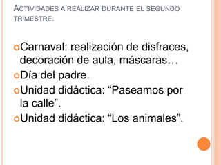 ACTIVIDADES A REALIZAR DURANTE EL SEGUNDO
TRIMESTRE.



Carnaval:  realización de disfraces,
 decoración de aula, máscaras…
Día del padre.
Unidad didáctica: “Paseamos por
 la calle”.
Unidad didáctica: “Los animales”.
 