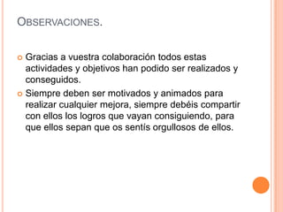 OBSERVACIONES.

 Gracias a vuestra colaboración todos estas
  actividades y objetivos han podido ser realizados y
  conseguidos.
 Siempre deben ser motivados y animados para
  realizar cualquier mejora, siempre debéis compartir
  con ellos los logros que vayan consiguiendo, para
  que ellos sepan que os sentís orgullosos de ellos.
 