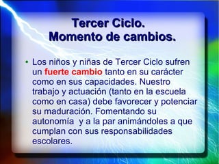 Tercer Ciclo.Tercer Ciclo.
Momento de cambios.Momento de cambios.
● Los niños y niñas de Tercer Ciclo sufren
un fuerte cambio tanto en su carácter
como en sus capacidades. Nuestro
trabajo y actuación (tanto en la escuela
como en casa) debe favorecer y potenciar
su maduración. Fomentando su
autonomía y a la par animándoles a que
cumplan con sus responsabilidades
escolares.
 