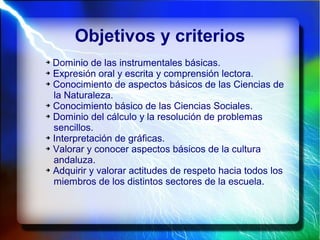 Objetivos y criterios
➔ Dominio de las instrumentales básicas.
➔ Expresión oral y escrita y comprensión lectora.
➔ Conocimiento de aspectos básicos de las Ciencias de
la Naturaleza.
➔ Conocimiento básico de las Ciencias Sociales.
➔ Dominio del cálculo y la resolución de problemas
sencillos.
➔ Interpretación de gráficas.
➔ Valorar y conocer aspectos básicos de la cultura
andaluza.
➔ Adquirir y valorar actitudes de respeto hacia todos los
miembros de los distintos sectores de la escuela.
 