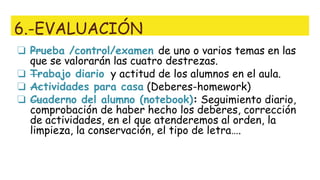 6.-EVALUACIÓN
❏ —Prueba /control/examen de uno o varios temas en las
que se valorarán las cuatro destrezas.
❏ —Trabajo diario y actitud de los alumnos en el aula.
❏ —Actividades para casa (Deberes-homework)
❏ —Cuaderno del alumno (notebook): Seguimiento diario,
comprobación de haber hecho los deberes, corrección
de actividades, en el que atenderemos al orden, la
limpieza, la conservación, el tipo de letra….
 