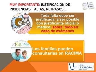 MUY IMPORTANTE: JUSTIFICACIÓN DE
INCIDENCIAS, FALTAS, RETRASOS…
Toda falta debe ser
justificada, a ser posible
con justificante oficial o
médico, sobre todo en
caso de exámenes
Las familias pueden
consultarlas en RACIMA
 