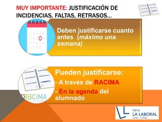 MUY IMPORTANTE: JUSTIFICACIÓN DE
INCIDENCIAS, FALTAS, RETRASOS…
Deben justificarse cuanto
antes (máximo una
semana)
Pueden justificarse:
- A través de RACIMA
- En la agenda del
alumnado
 