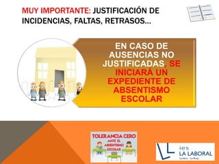 MUY IMPORTANTE: JUSTIFICACIÓN DE
INCIDENCIAS, FALTAS, RETRASOS…
EN CASO DE
AUSENCIAS NO
JUSTIFICADAS, SE
INICIARÁ UN
EXPEDIENTE DE
ABSENTISMO
ESCOLAR
 