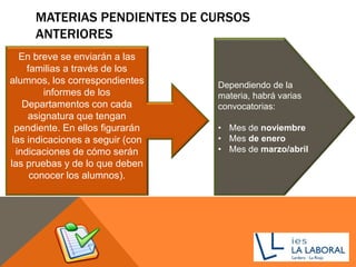 MATERIAS PENDIENTES DE CURSOS
ANTERIORES
En breve se enviarán a las
familias a través de los
alumnos, los correspondientes
informes de los
Departamentos con cada
asignatura que tengan
pendiente. En ellos figurarán
las indicaciones a seguir (con
indicaciones de cómo serán
las pruebas y de lo que deben
conocer los alumnos).
Dependiendo de la
materia, habrá varias
convocatorias:
• Mes de noviembre
• Mes de enero
• Mes de marzo/abril
 