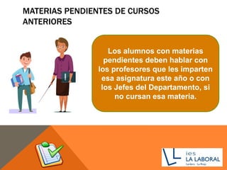 MATERIAS PENDIENTES DE CURSOS
ANTERIORES
Los alumnos con materias
pendientes deben hablar con
los profesores que les imparten
esa asignatura este año o con
los Jefes del Departamento, si
no cursan esa materia.
 