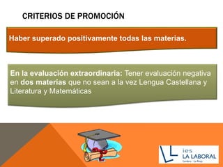 CRITERIOS DE PROMOCIÓN
Haber superado positivamente todas las materias.
En la evaluación extraordinaria: Tener evaluación negativa
en dos materias que no sean a la vez Lengua Castellana y
Literatura y Matemáticas
 