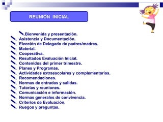 REUNIÓN INICIAL
Bienvenida y presentación.
 Asistencia y Documentación.
 Elección de Delegado de padres/madres.
 Material.
 Cooperativa.
 Resultados Evaluación Inicial.
 Contenidos del primer trimestre.
 Planes y Programas.
 Actividades extraescolares y complementarias.
 Recomendaciones.
 Normas de entradas y salidas.
 Tutorías y reuniones.
 Comunicación e información.
 Normas generales de convivencia.
 Criterios de Evaluación.
 Ruegos y preguntas.
 