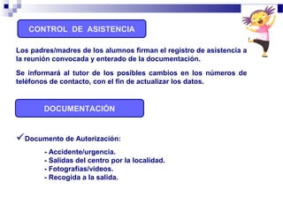 CONTROL DE ASISTENCIA
DOCUMENTACIÓN
Documento de Autorización:
- Accidente/urgencia.
- Salidas del centro por la localidad.
- Fotografías/vídeos.
- Recogida a la salida.
Los padres/madres de los alumnos firman el registro de asistencia a
la reunión convocada y enterado de la documentación.
Se informará al tutor de los posibles cambios en los números de
teléfonos de contacto, con el fin de actualizar los datos.
 