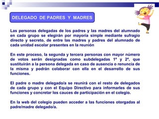 DELEGADO DE PADRES Y MADRES
Las personas delegadas de los padres y las madres del alumnado
en cada grupo se elegirán por mayoría simple mediante sufragio
directo y secreto, de entre las madres y padres del alumnado de
cada unidad escolar presentes en la reunión
En este proceso, la segunda y tercera personas con mayor número
de votos serán designadas como subdelegadas 1ª y 2ª, que
sustituirán a la persona delegada en caso de ausencia o renuncia de
la misma y podrán colaborar con ella en el desarrollo de sus
funciones.
El padre o madre delegado/a se reunirá con el resto de delegados
de cada grupo y con el Equipo Directivo para informarles de sus
funciones y concretar los cauces de participación en el colegio.
En la web del colegio pueden acceder a las funciones otorgadas al
padre/madre delegado/a.
 