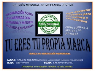 Reunión mensual de METANOIA Juvenil




LUGAR: Casa de José Macias (buscar la dirección en Facebook- Fund. Metanoia)
HORA: 3:30- 6:00 PM            FECHA: sábado 26 de nov.
              ¡Tendremos a un expositor invitado, no te lo pierdas!
 