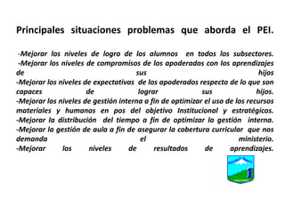 Principales situaciones problemas que aborda el PEI.  -Mejorar los niveles de logro de los alumnos  en todos los subsectores. -Mejorar los niveles de compromisos de los apoderados con los aprendizajes de sus hijos-Mejorar los niveles de expectativas  de los apoderados respecto de lo que son capaces de lograr sus hijos.-Mejorar los niveles de gestión interna a fin de optimizar el uso de los recursos materiales y humanos en pos del objetivo Institucional y estratégicos.-Mejorar la distribución  del tiempo a fin de optimizar la gestión  interna.-Mejorar la gestión de aula a fin de asegurar la cobertura curricular  que nos demanda el ministerio.-Mejorar los niveles de resultados de aprendizajes. 