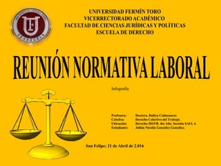 Profesora: Doctora. Dailyn Colmenares
Cátedra: Derecho Colectivo del Trabajo.
Ubicación: Derecho 2015/B. 4to Año. Sección SAIA A
Estudiante: Julián Nicolás González González.
San Felipe; 21 de Abril de 2.016
Infografía
 