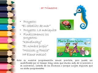 Esta es nuestra programación anual prevista, pero puede ser
modificada por el tiempo (hay veces que duran más de lo previsto o
al contrario), interés de los alumnos o porque surjan algunas que
no están programadas
3º Trimestre
• Proyecto:
“El caballito de mar”
• Proyecto: La mariquita
• Finalizaremos los
proyectos:
“Kandinsky”
“El nombre propio”
“Músicas y Poesía”
Mª Elena Walsh)
 