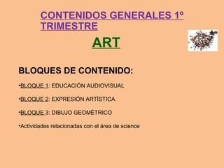 CONTENIDOS GENERALES 1º
TRIMESTRE
ART
BLOQUES DE CONTENIDO:
•BLOQUE 1: EDUCACIÓN AUDIOVISUAL
•BLOQUE 2: EXPRESIÓN ARTÍSTICA
•BLOQUE 3: DIBUJO GEOMÉTRICO
•Actividades relacionadas con el área de science
 