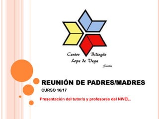 REUNIÓN DE PADRES/MADRES
CURSO 16/17
Presentación del tutor/a y profesores del NIVEL.
 