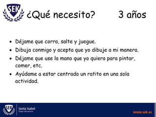 ¿Qué necesito?                        3 años

Déjame que corra, salte y juegue.
Dibuja conmigo y acepta que yo dibuje a mi manera.
Déjame que use la mano que yo quiera para pintar,
comer, etc.
Ayúdame a estar centrado un ratito en una sola
actividad.
 