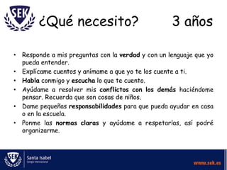 ¿Qué necesito?                             3 años

• Responde a mis preguntas con la verdad y con un lenguaje que yo
  pueda entender.
• Explícame cuentos y anímame a que yo te los cuente a ti.
• Habla conmigo y escucha lo que te cuento.
• Ayúdame a resolver mis conflictos con los demás haciéndome
  pensar. Recuerda que son cosas de niños.
• Dame pequeñas responsabilidades para que pueda ayudar en casa
  o en la escuela.
• Ponme las normas claras y ayúdame a respetarlas, así podré
  organizarme.
 