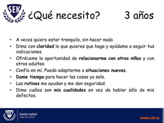 ¿Qué necesito?                              3 años

• A veces quiero estar tranquilo, sin hacer nada
• Dime con claridad lo que quieres que haga y ayúdame a seguir tus
  indicaciones.
• Ofréceme la oportunidad de relacionarme con otros niños y con
  otros adultos.
• Confía en mí. Puedo adaptarme a situaciones nuevas.
• Dame tiempo para hacer las cosas yo solo.
• Las rutinas me ayudan y me dan seguridad.
• Dime cuáles son mis cualidades en vez de hablar sólo de mis
  defectos.
 