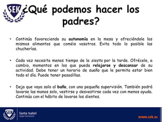 ¿Qué podemos hacer los
              padres?
•   Continúa favoreciendo su autonomía en la mesa y ofreciéndole los
    mismos alimentos que coméis vosotros. Evita todo lo posible las
    chucherías.

•   Cada vez necesita menos tiempo de la siesta por la tarde. Ofrécele, a
    cambio, momentos en los que pueda relajarse y descansar de su
    actividad. Debe tener un horario de sueño que le permita estar bien
    todo el día. Puede tener pesadillas.

•   Deja que vaya solo al baño, con una pequeña supervisión. También podrá
    lavarse las manos solo, vestirse y desvestirse cada vez con menos ayuda.
    Continúa con el hábito de lavarse los dientes.
 