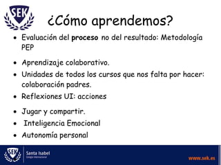 ¿Cómo aprendemos?
Evaluación del proceso no del resultado: Metodología
PEP

Aprendizaje colaborativo.
Unidades de todos los cursos que nos falta por hacer:
colaboración padres.
Reflexiones UI: acciones

Jugar y compartir.
    Inteligencia Emocional
Autonomía personal


.
 