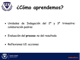 ¿Cómo aprendemos?


Unidades de Indagación del 2º y 3º trimestre:
colaboración padres


Evaluación del proceso no del resultado


Reflexiones UI: acciones
 