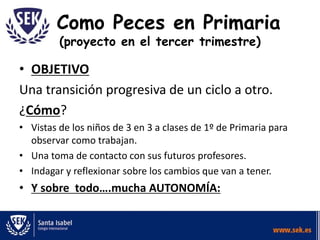 Como Peces en Primaria
(proyecto en el tercer trimestre)
• OBJETIVO
Una transición progresiva de un ciclo a otro.
¿Cómo?
• Vistas de los niños de 3 en 3 a clases de 1º de Primaria para
observar como trabajan.
• Una toma de contacto con sus futuros profesores.
• Indagar y reflexionar sobre los cambios que van a tener.
• Y sobre todo….mucha AUTONOMÍA:
 