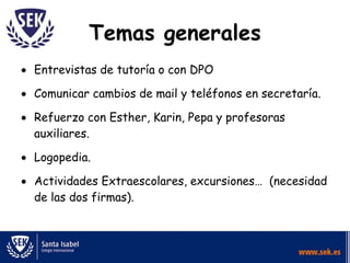 Temas generales
 Entrevistas de tutoría o con DPO
 Comunicar cambios de mail y teléfonos en secretaría.
 Refuerzo con Esther, Karin, Pepa y profesoras
auxiliares.
 Logopedia.
 Actividades Extraescolares, excursiones… (necesidad
de las dos firmas).
 