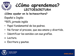 ¿Cómo aprendemos?
LECTOESCRITURA
¿Cómo ayudar en la lectoescritura?
Español e Inglés
*50% jornada inglés
• Papel fundamental de los padres.
• No forzar el proceso, que sea ameno y divertido.
• Identificar los sonidos con sus grafías.
 Lectura.
 Escritura y pautas.
 