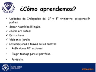 ¿Cómo aprendemos?
• Unidades de Indagación del 2º y 3º trimestre: colaboración
padres.
• Super Asamblea Bilingüe.
 ¿Cómo era antes?
 Estructuras
 Vida en el jardín
 Las emociones a través de los cuentos
• Reflexiones UI: acciones.
• Elegir trabajo para el portfolio.
• Portfolio.
 
