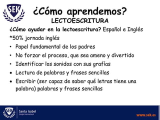 ¿Cómo aprendemos?
LECTOESCRITURA

¿Cómo ayudar en la lectoescritura? Español e Inglés
*50% jornada inglés
• Papel fundamental de los padres
• No forzar el proceso, que sea ameno y divertido
• Identificar los sonidos con sus grafías
Lectura de palabras y frases sencillas
Escribir (ser capaz de saber qué letras tiene una
palabra) palabras y frases sencillas

 