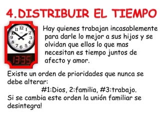 Hay quienes trabajan incasablemente
para darle lo mejor a sus hijos y se
olvidan que ellos lo que mas
necesitan es tiempo juntos de
afecto y amor.
Existe un orden de prioridades que nunca se
debe alterar:
#1:Dios, 2:familia, #3:trabajo.
Si se cambia este orden la unión familiar se
desintegra!
 