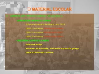 MATERIAL ESCOLAR LIBROS DE TEXTO CURSO 2010/2011: -  EDUCACIÓN INFANTIL 4 ANOS Editorial Obradoiro Santillana. Ano 2010 ISBN 1º trimestre  978-84-8224-949-0 ISBN 2º trimestre  978-84-8224-953-7 ISBN 3º trimestre  978-84-8224-954-4 -  RELIXIÓN CATÓLICA 4 ANOS Editorial Anaya Autoras: Ana Gavilán, Visitación Ayuso.En galego ISBN 978-84-667-7545-8 