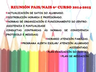 REUNIÓN PAIS/NAIS 6º CURSO 2014-2015 
ACTUALIZACIÓN DE DATOS DO ALUMNADO. 
DISTRIBUCIÓN HORARIA E PROFESORADO. 
NORMAS DE ORGANIZACIÓN E FUNCIONAMENTO DO CENTRO: 
-ASISTENCIA E PUNTUALIDADE 
-CONDUCTAS CONTRARIAS ÁS NORMAS DE CONVIVENCIA 
(PROTOCOLO E MEDIDAS) 
HORARIO ATENCIÓN FAMILIAS. 
PROGRAMA ALERTA ESOLAR/ ATENCIÓN ALUMNADO 
ACCIDENTADO. 
PLAN EVACUACIÓN DO CENTRO 
PLAN DE MEDIACIÓN 
 