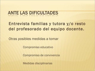 Entrevista familias y tutora y/o resto 
del profesorado del equipo docente. 
Otras posibles medidas a tomar 
Compromiso educativo 
Compromiso de convivencia 
Medidas disciplinarias 
 